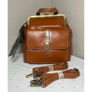 Walasa Love Bag Cognac Brown Split Leather Kiss Lock Convertible Backpack Bow‎